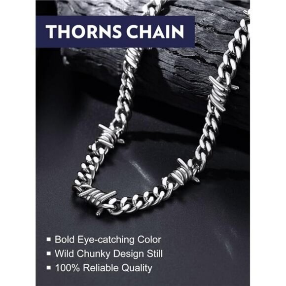 Barbed Wire Cuban Chain Necklace Gothic Punk Choker Stainless Steel Unisex - Picture 2 of 7